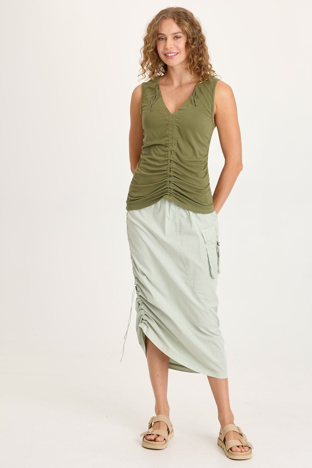 XCVI Bindi Poplin Asymmetrical Side-Cinch Pull-On Midi Skirt