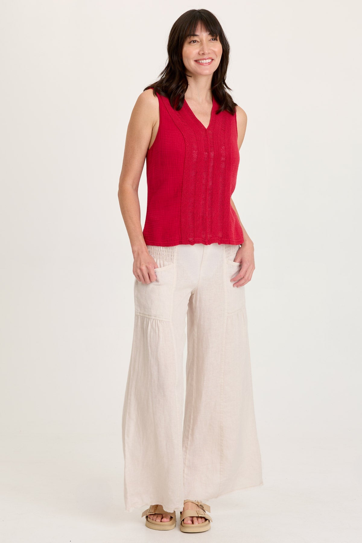 XCVI Reid Gauze V-Neck Sleeveless Top with Crochet Front Trim
