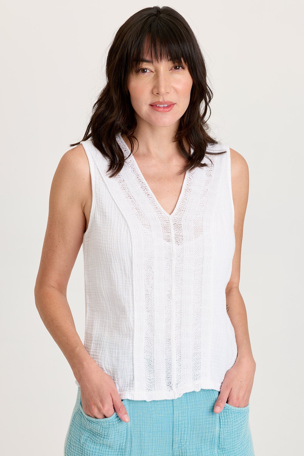XCVI Reid Gauze V-Neck Sleeveless Top with Crochet Front Trim