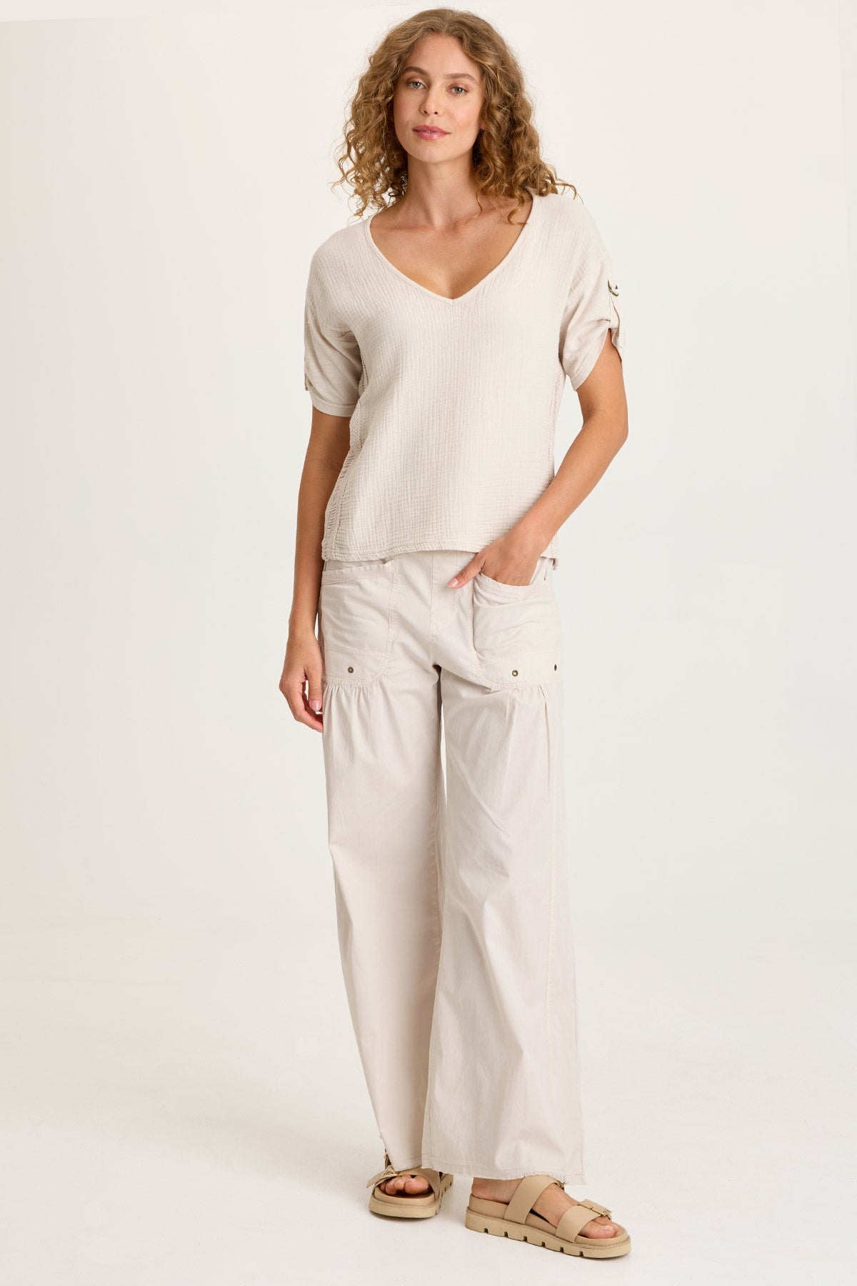 XCVI Milani Gauze Lace Trim V-Neck Top 