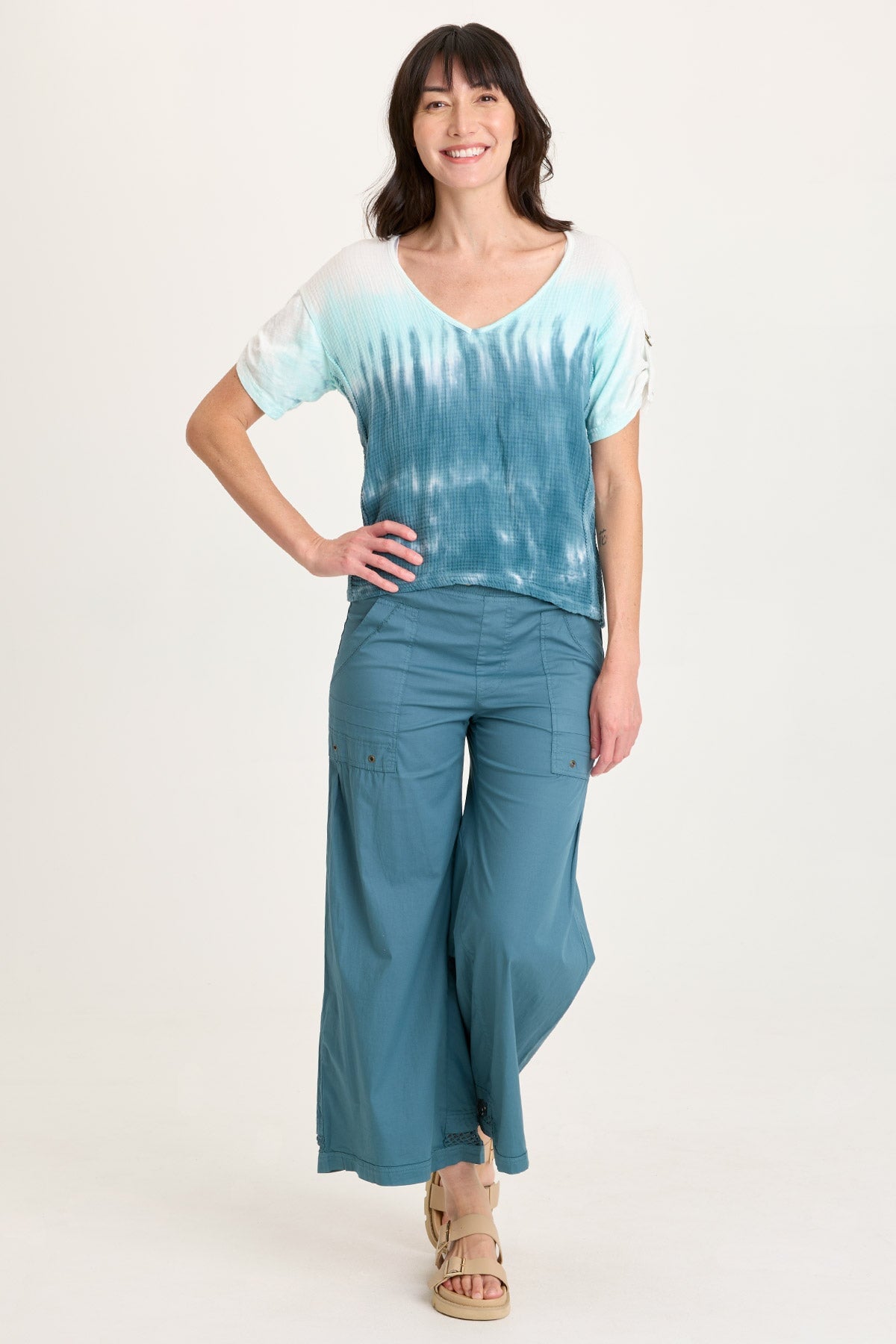 XCVI Roel Poplin/Mesh Gaucho Pull-On Crop