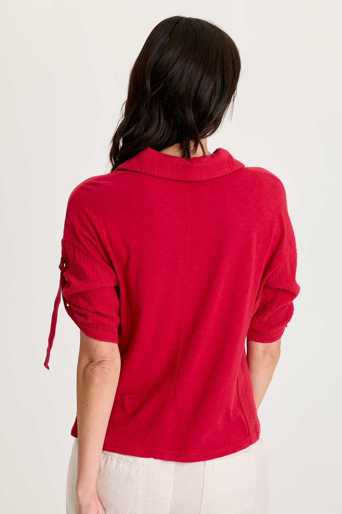 XCVI Kaleo Gauze Ladder Lace Trim Snap-Up Tabbed Sleeve Top