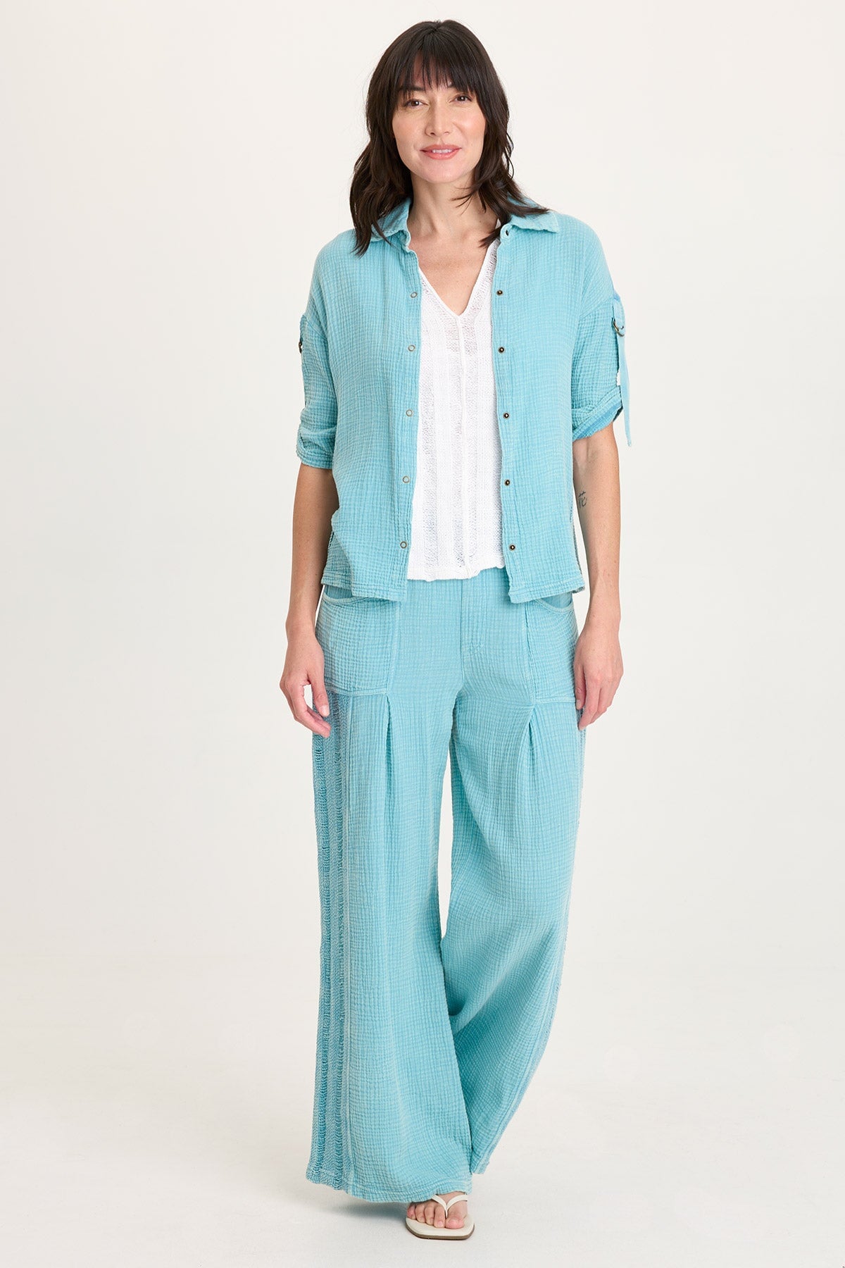 XCVI Kaleo Gauze Lace Trim Snap-Up Top 