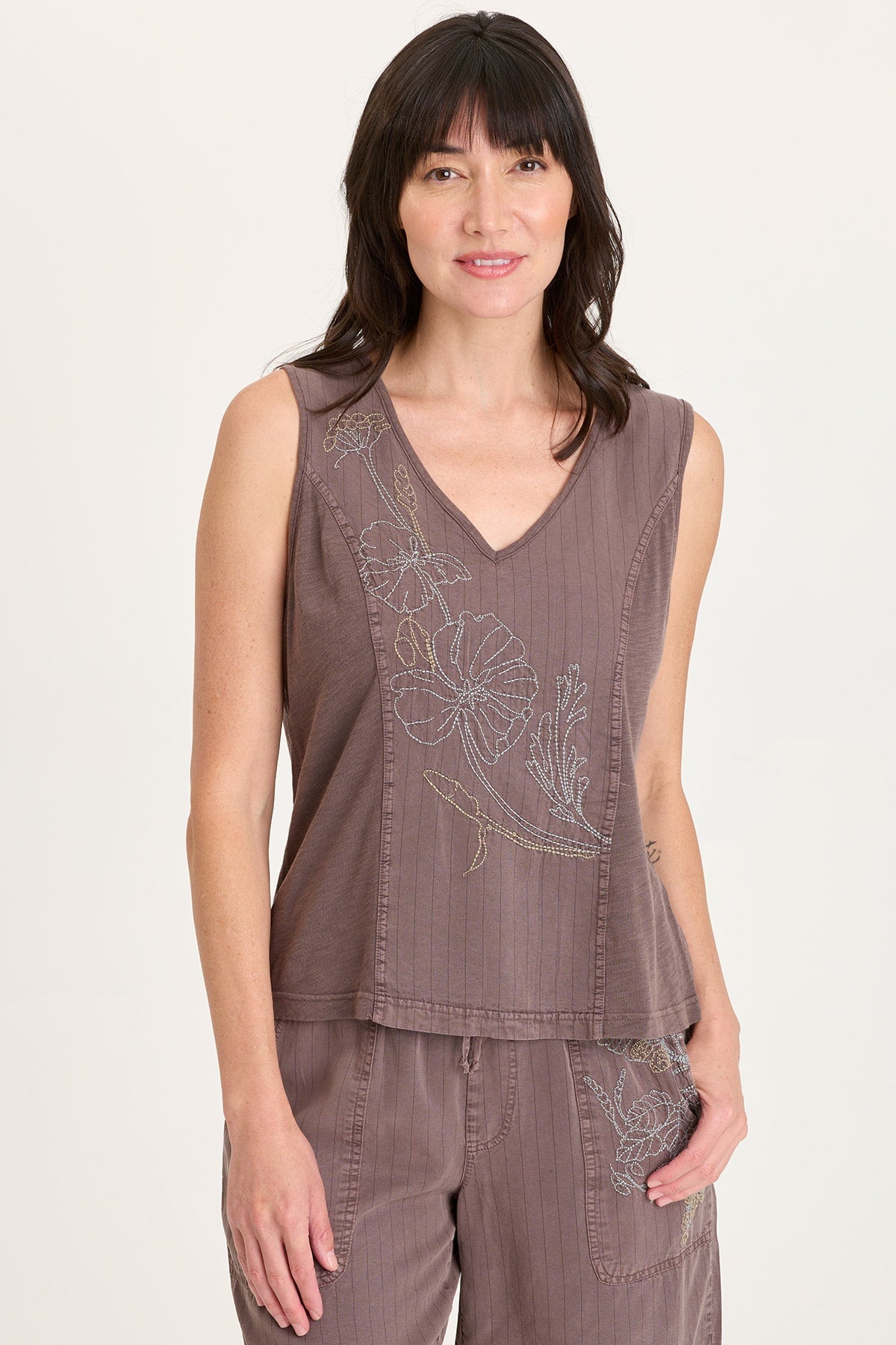 XCVI Siska Embroidered Pinstripe V-Neck Tank 