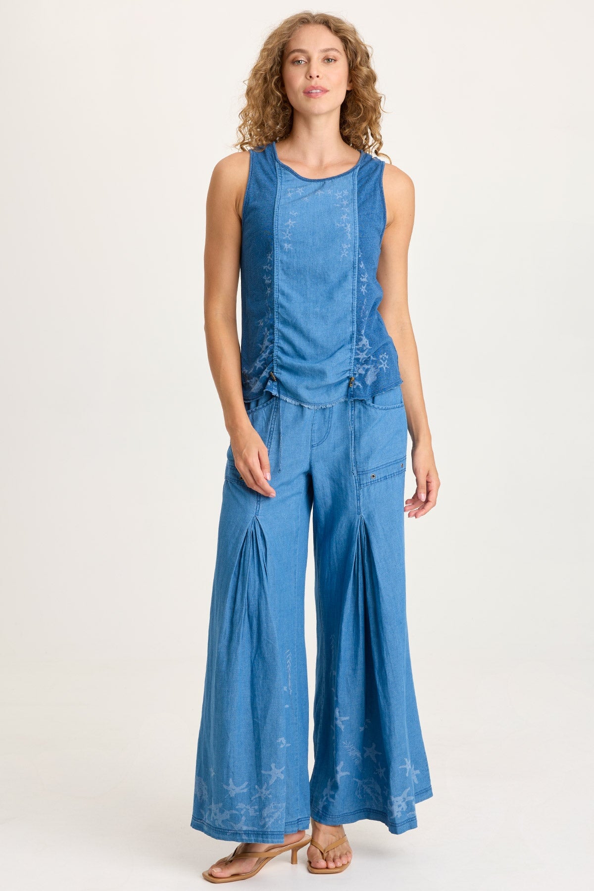 XCVI Jerona Printed Indigo Twill Double Pleated Wide-Leg Pant