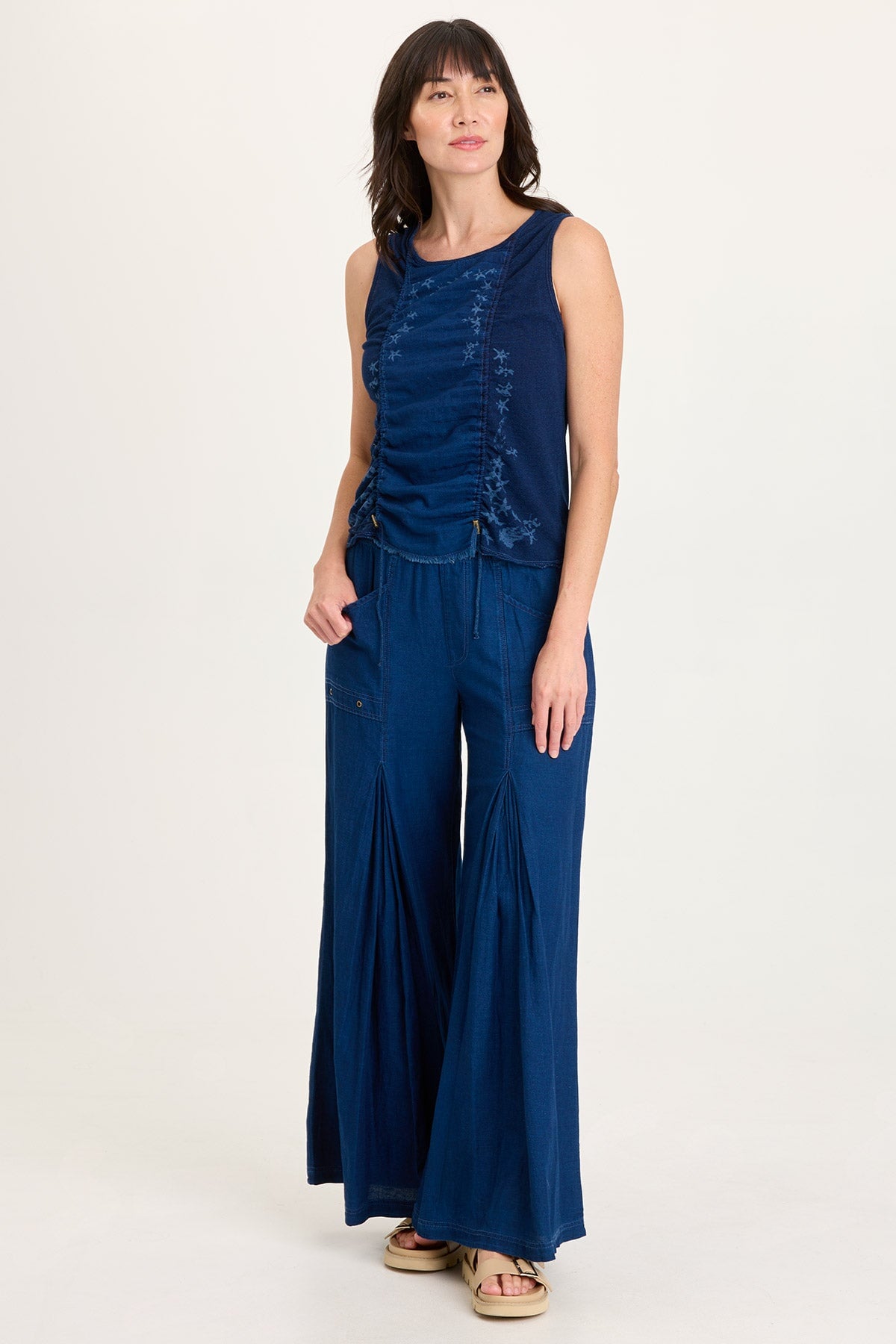 XCVI Jerona Indigo Twill Double Pleated Wide-Leg Pant
