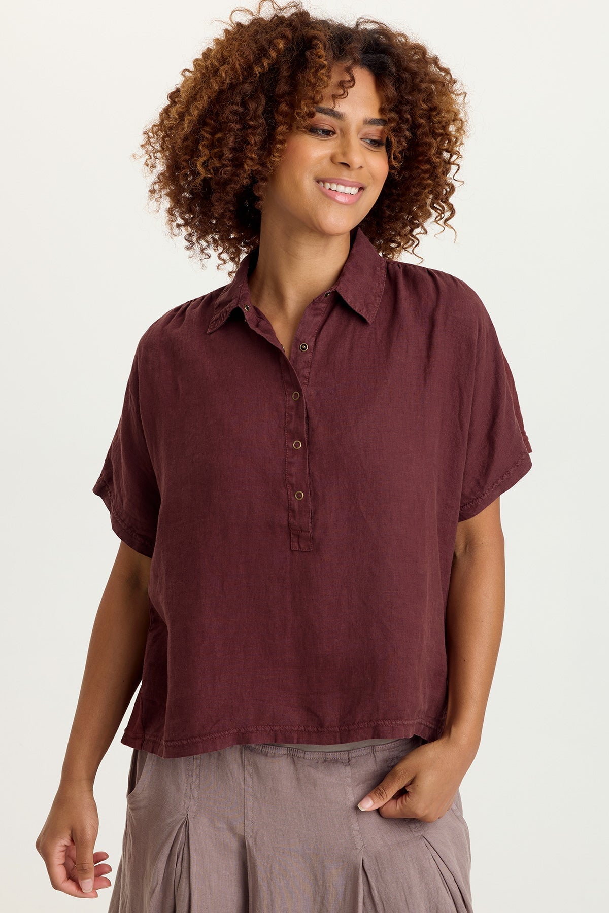 トップス kaval linen sarrouel blouse Quilla 100% Linen Snap-Up Placket Collared Short Sleeve Top