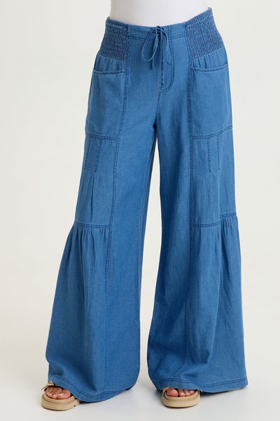 R*0様 【股下110】ripvanwinkle long denim pant Zain Indigo Twill Tiered Smocked Elastic Waist Wide-Leg Pant