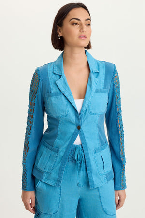 Mackie Linen Crochet Sleeve One-Button Closure Jacket