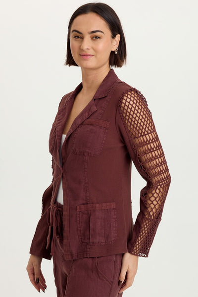 Mackie Linen Crochet Sleeve One-Button Closure Jacket
