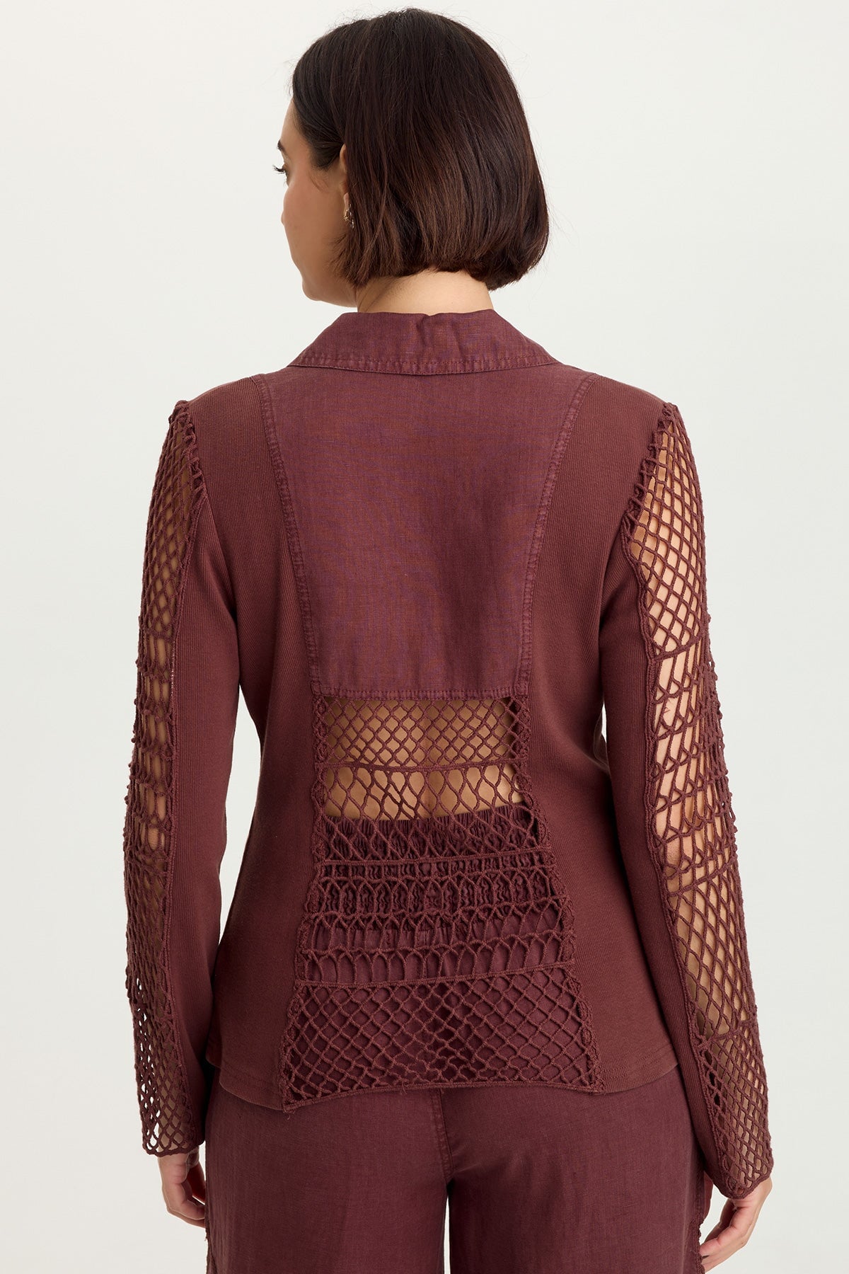 Mackie Linen Crochet Sleeve One-Button Closure Jacket
