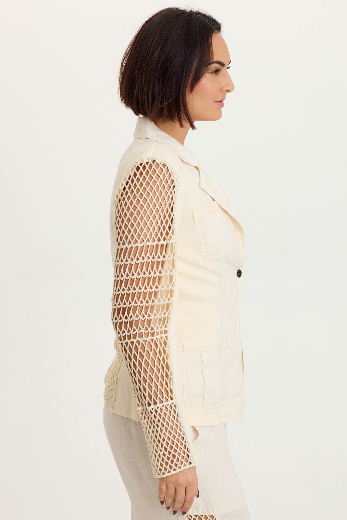 Mackie Linen Crochet Sleeve One-Button Closure Jacket