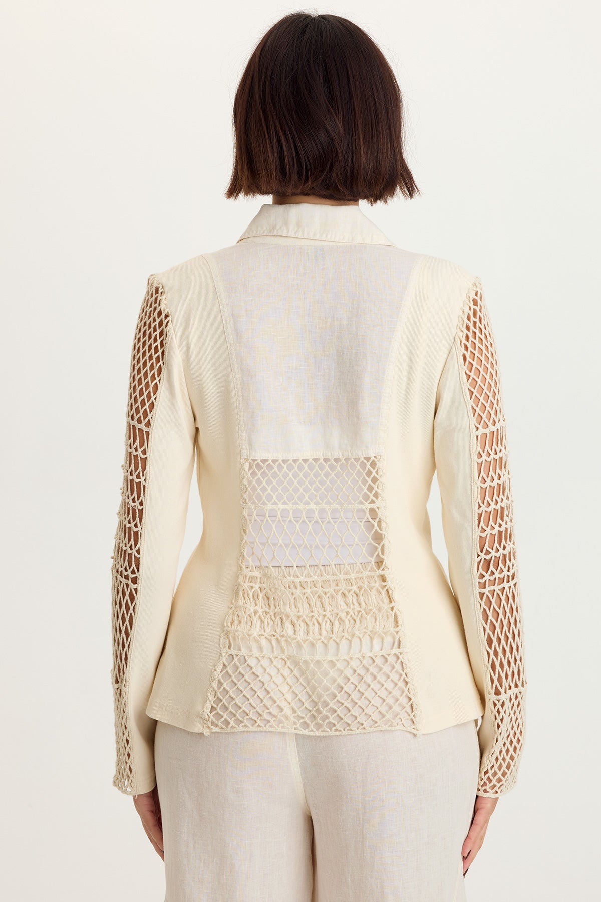 Mackie Linen Crochet Sleeve One-Button Closure Jacket