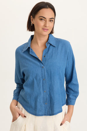Abena ndigo Twill Snap-Up Dolman Sleeve Collared Top