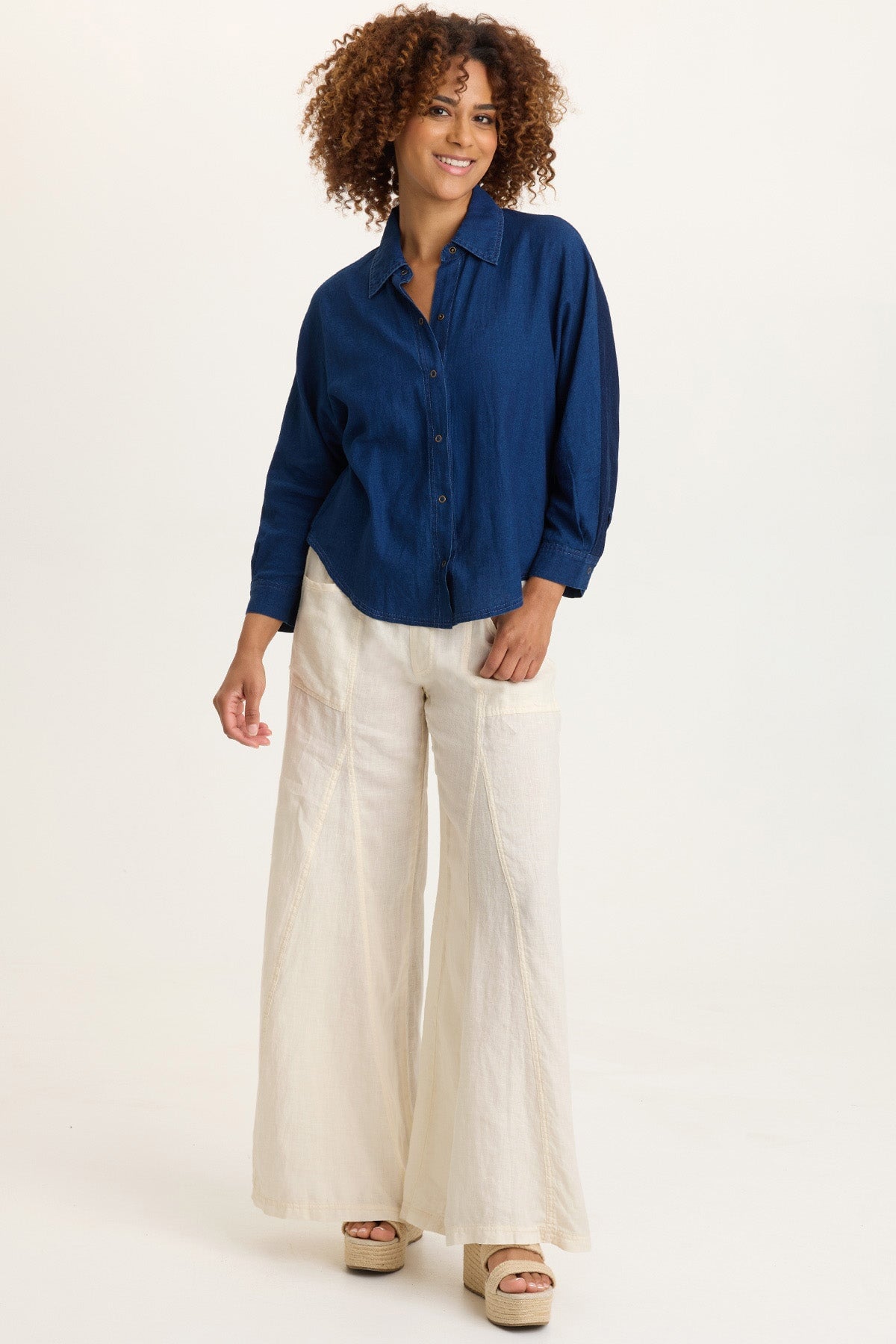 Abena Cotton Linen Indigo Twill Snap-Up Dolman Sleeve Collared Top