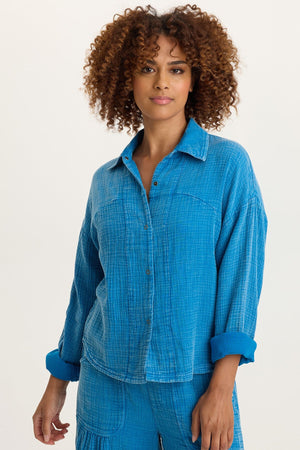 Wade 100% Cotton Gauze Long-Sleeve Snap-Up Collared Top