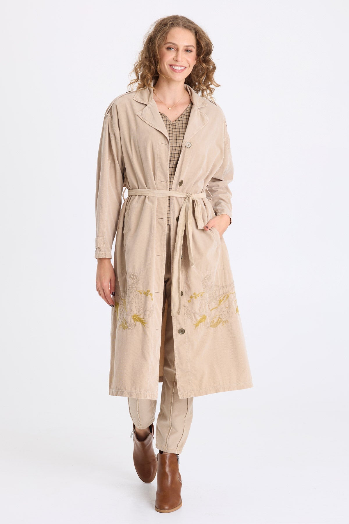 XCVI Harun Embroidered Corduroy Belted Trench 