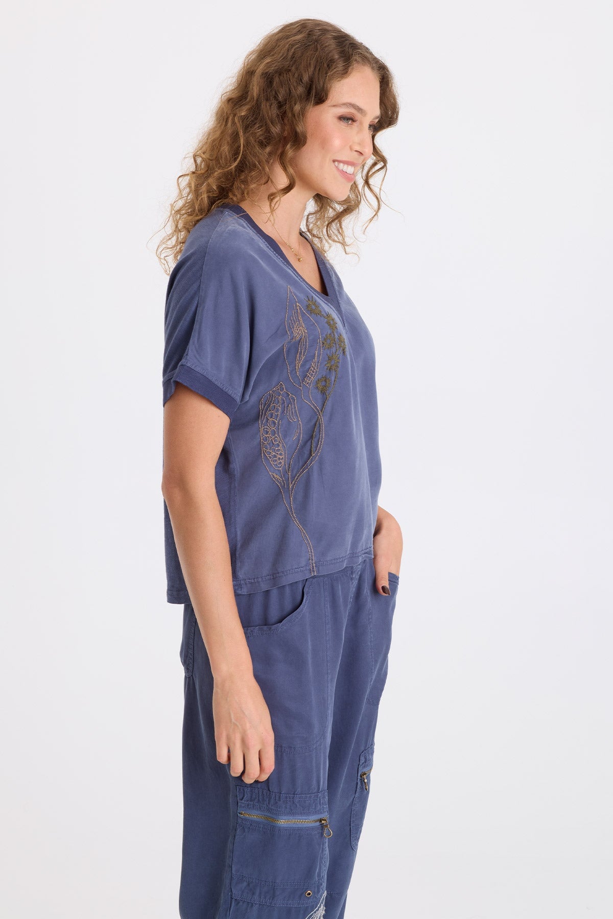 XCVI Hanno Embroidered Twill V-Neck Top 