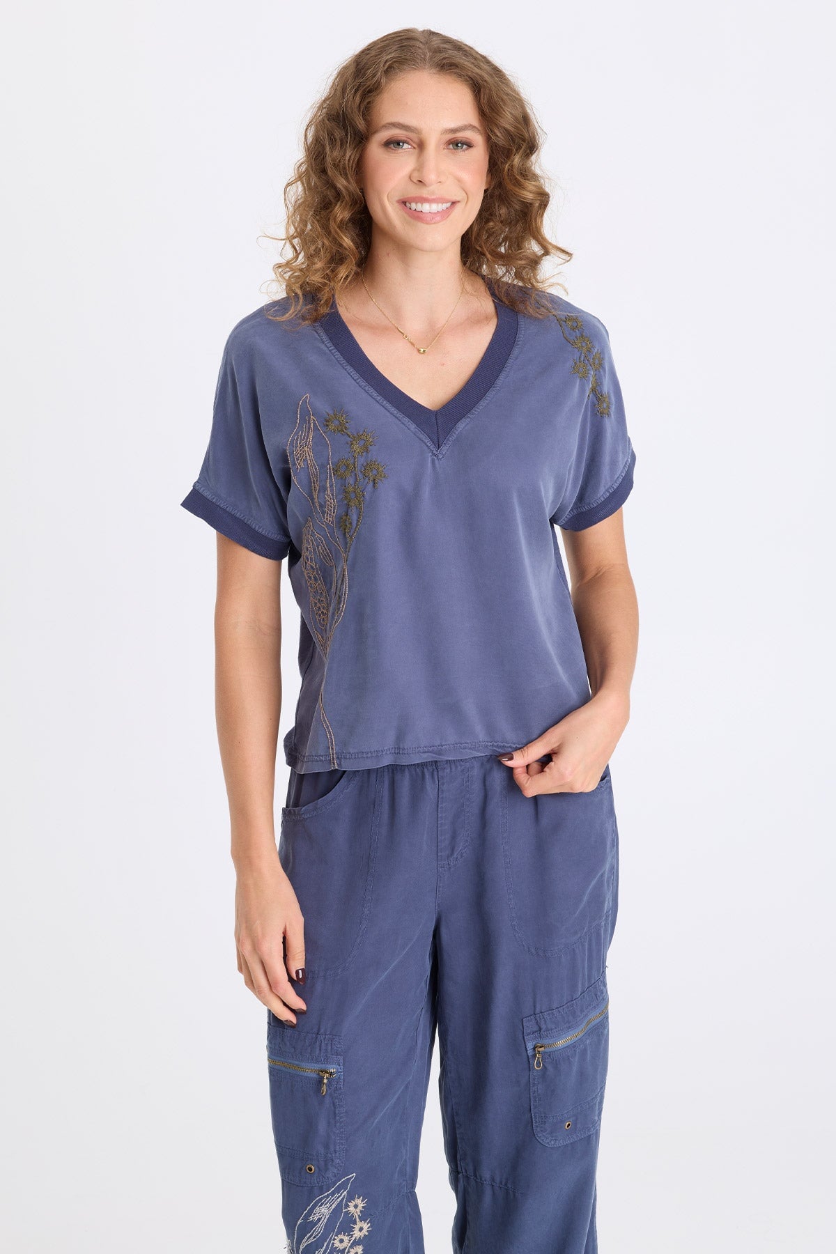 XCVI Hanno Embroidered Twill V-Neck Top 