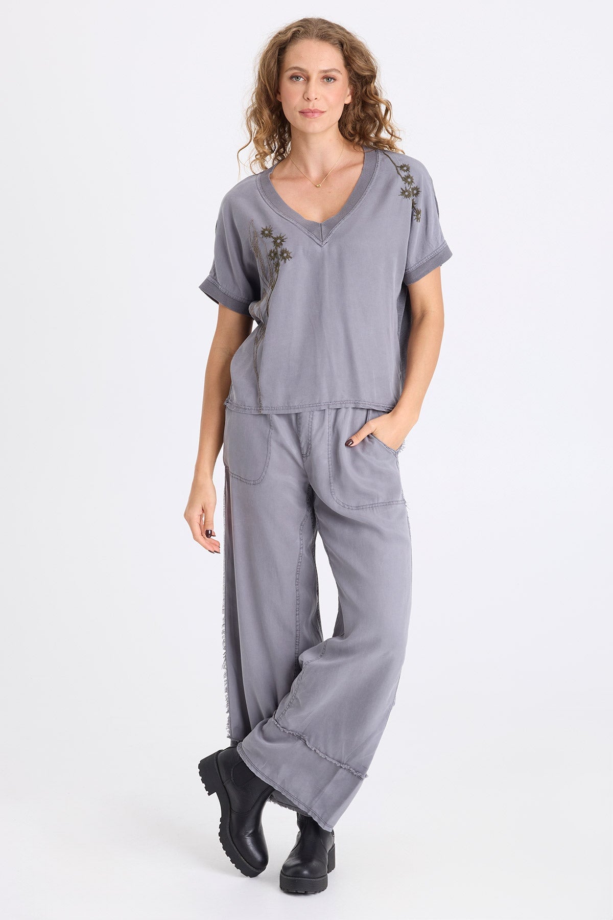 XCVI Hanno Embroidered Twill V-Neck Top 