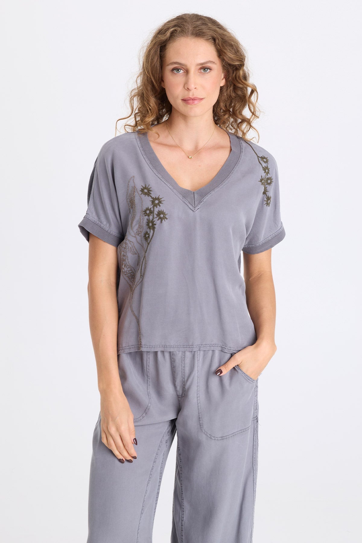 XCVI Hanno Embroidered Twill V-Neck Top 