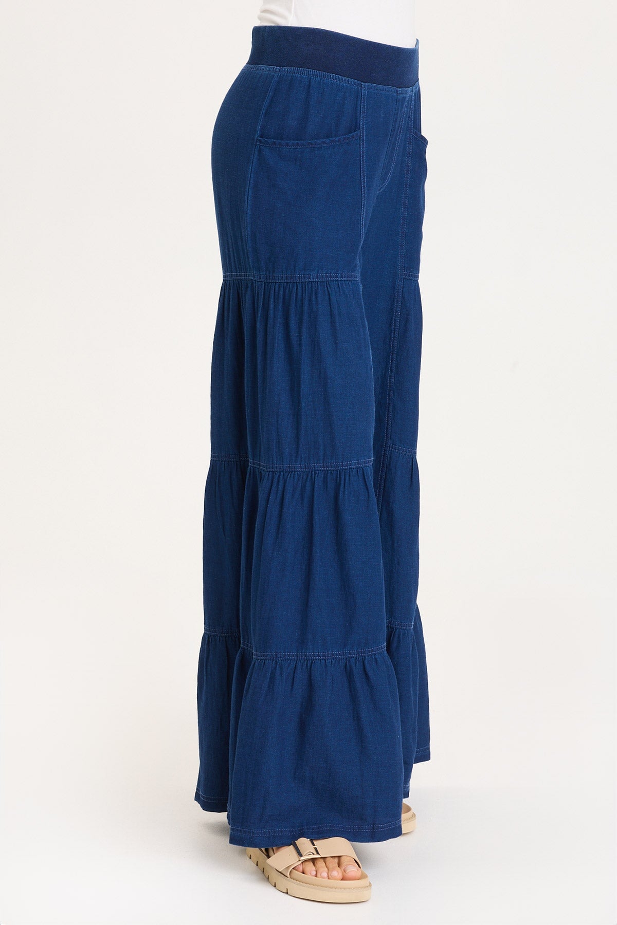 XCVI Mock-Denim Side Tiered Pull-On Waist Wide Leg Dugan Pant
