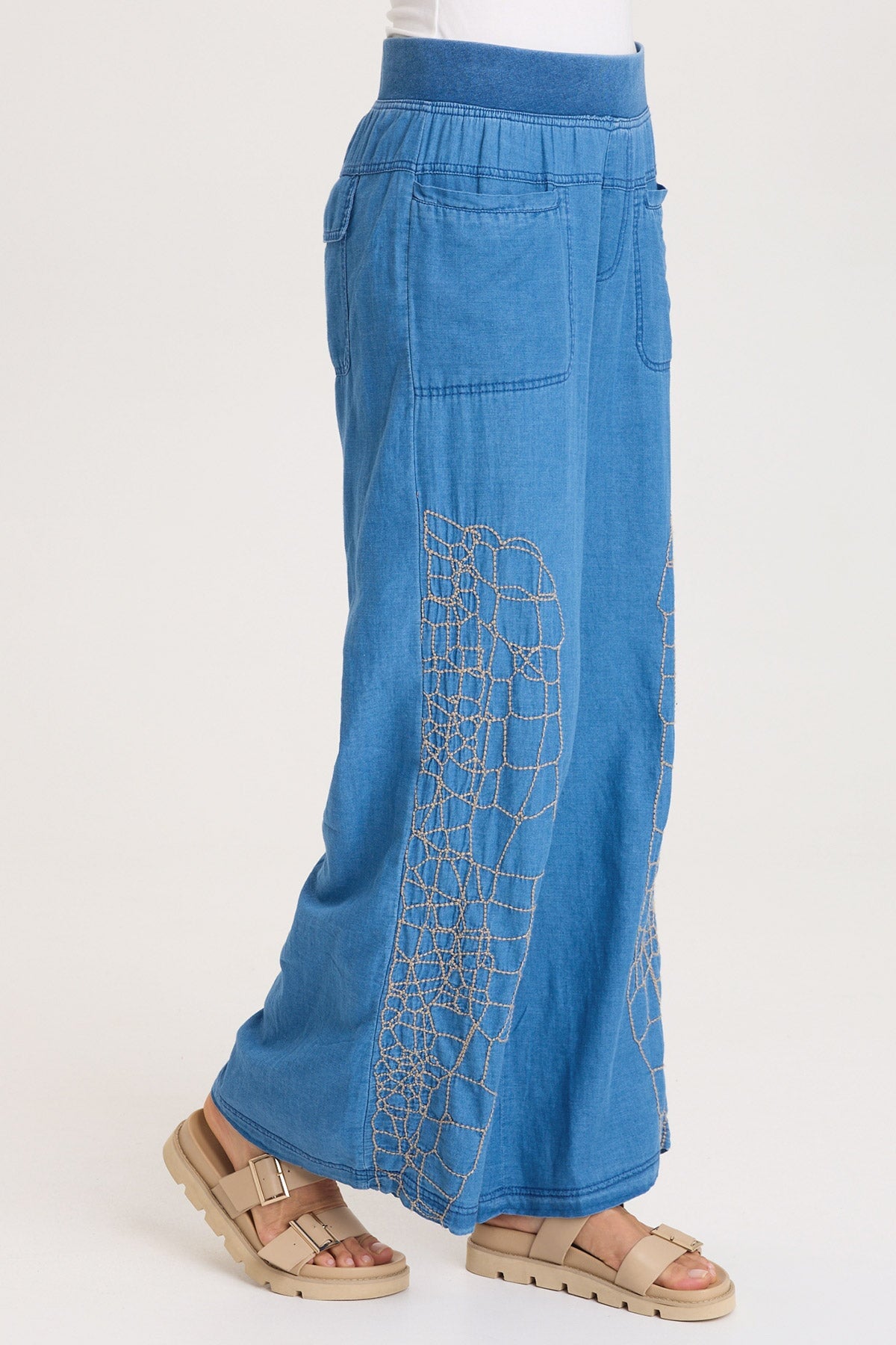 XCVI Mock-Denim Embroidered Wide-Leg Pull-On Waist Bonello Pants