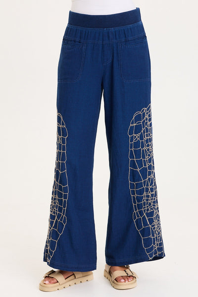 XCVI Mock-Denim Embroidered Wide-Leg Pull-On Waist Bonello Pants