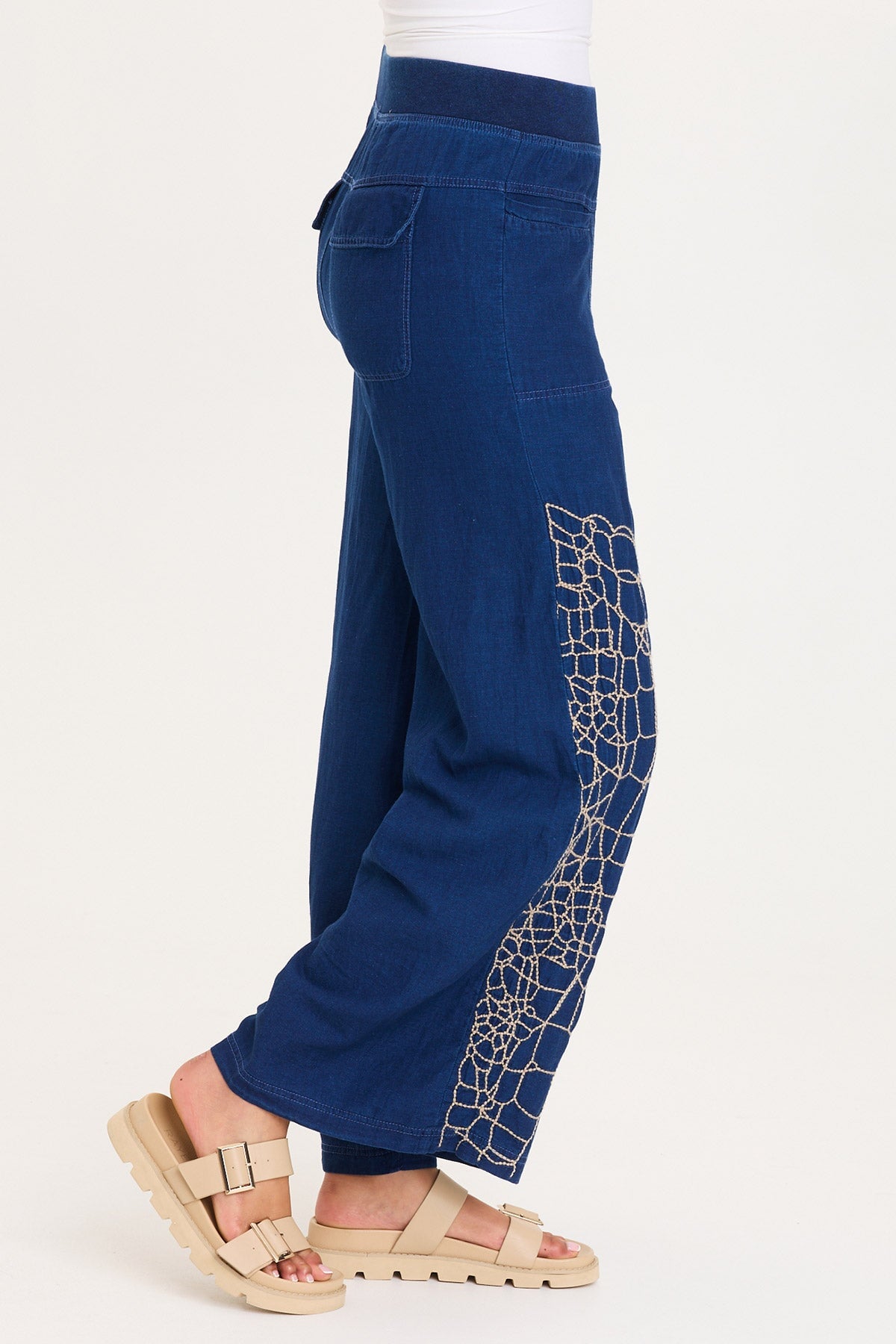 XCVI Mock-Denim Embroidered Wide-Leg Pull-On Waist Bonello Pants