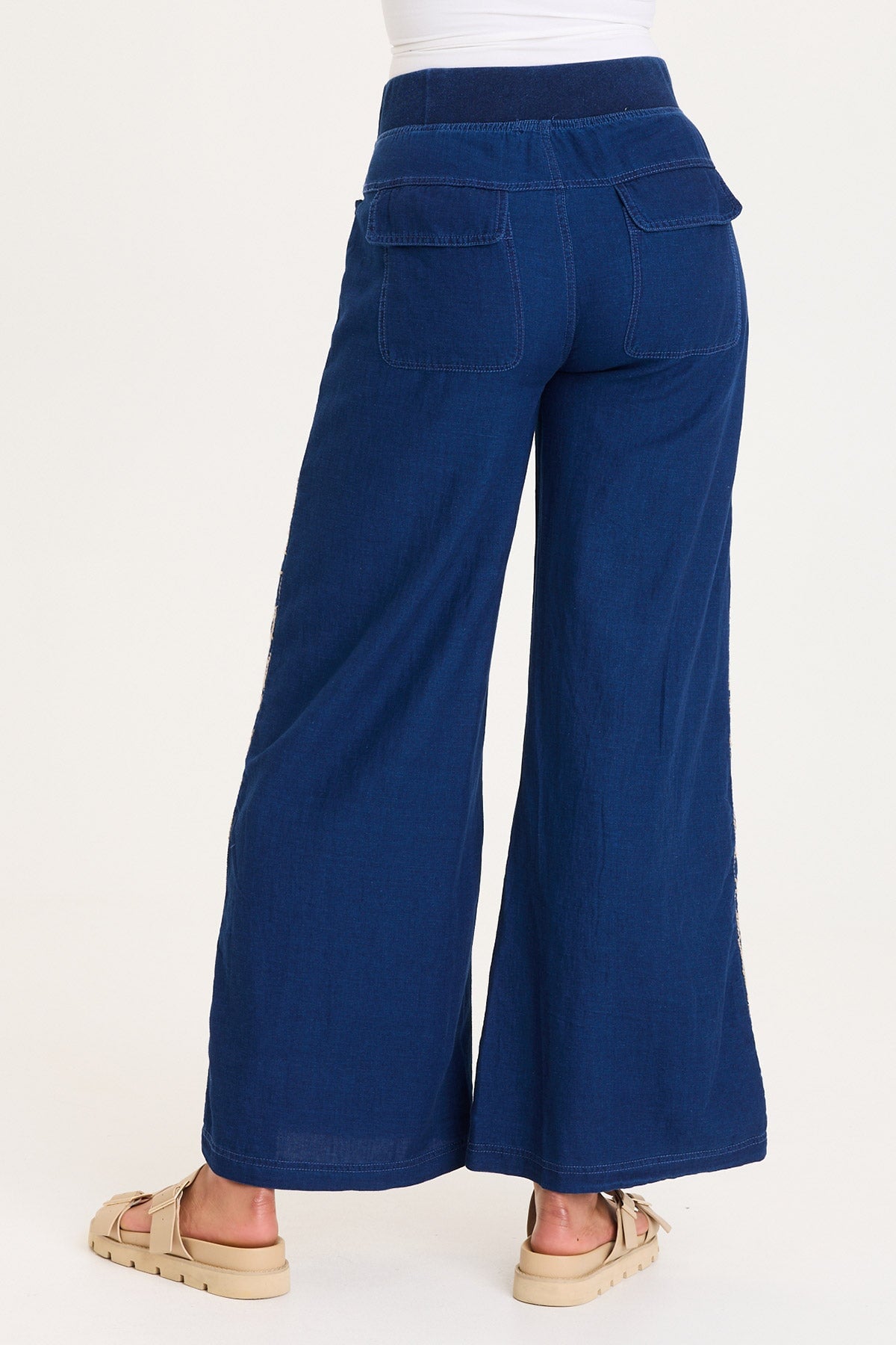 XCVI Mock-Denim Embroidered Wide-Leg Pull-On Waist Bonello Pants
