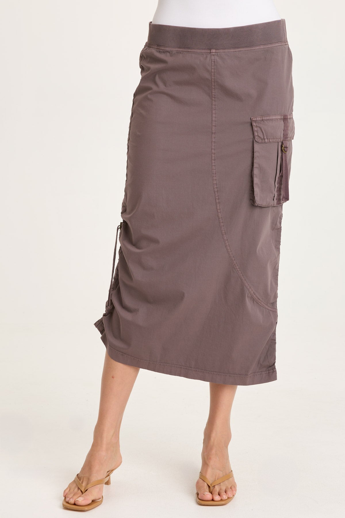 XCVI Bindi Poplin Asymmetrical Side-Cinch Pull-On Midi Skirt