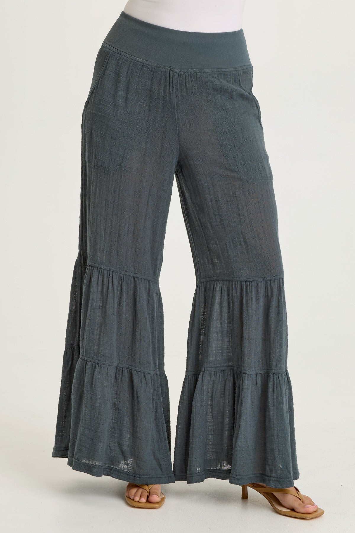 Wearables Lando Cotton Gauze Tiered-Bottom Pull-On Waist Wide Leg Pant