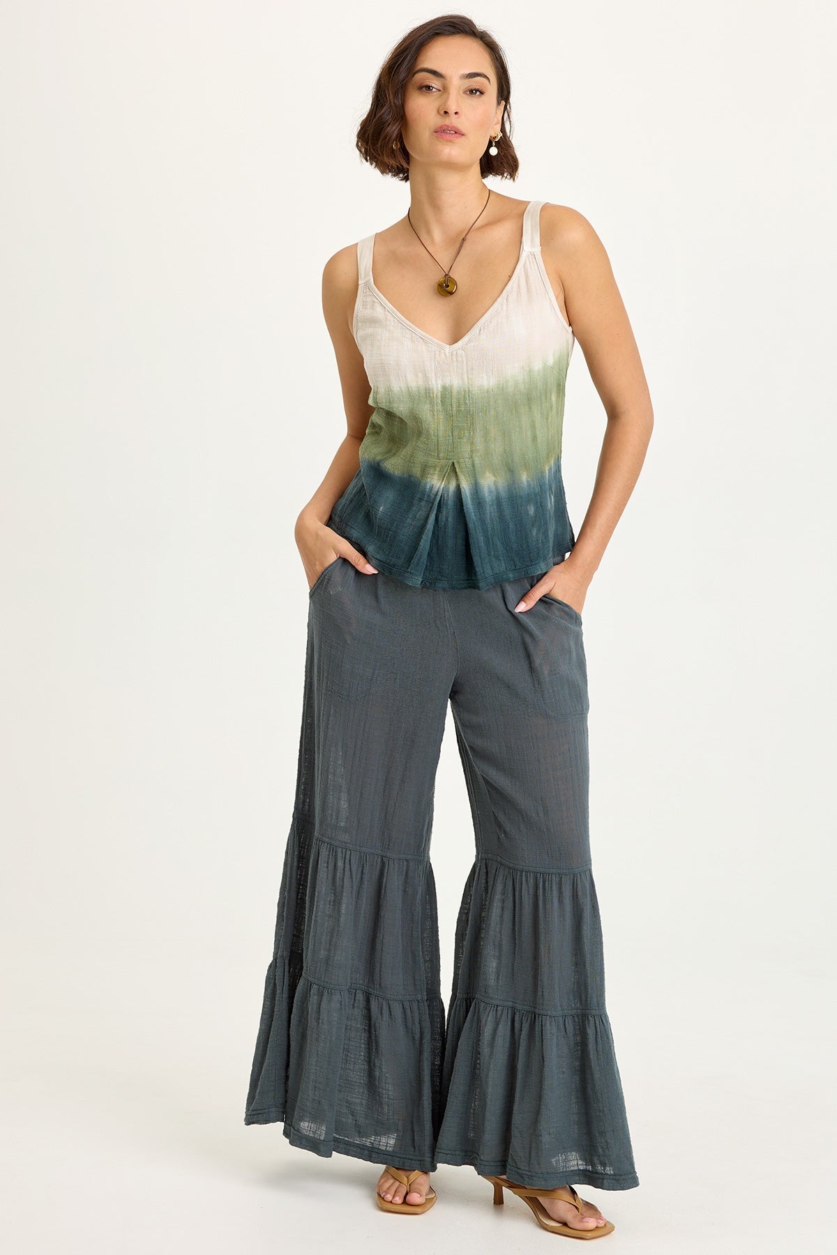 Wearables Lando Cotton Gauze Tiered-Bottom Pull-On Waist Wide Leg Pant