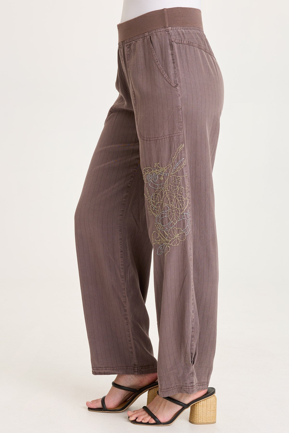 XCVI Carell Embroidered Pinstripe Twill Pleated Hem Full Leg Pant