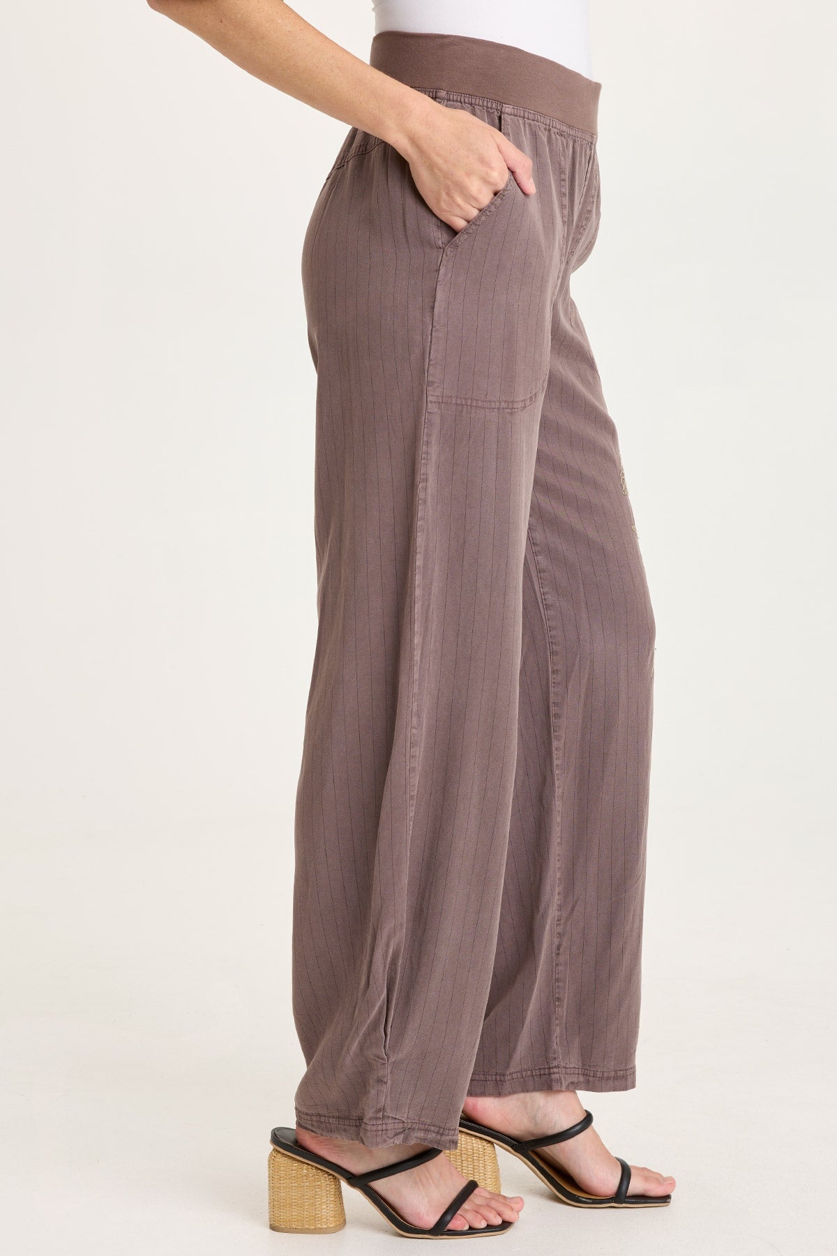 XCVI Carell Embroidered Pinstripe Twill Pleated Hem Full Leg Pant