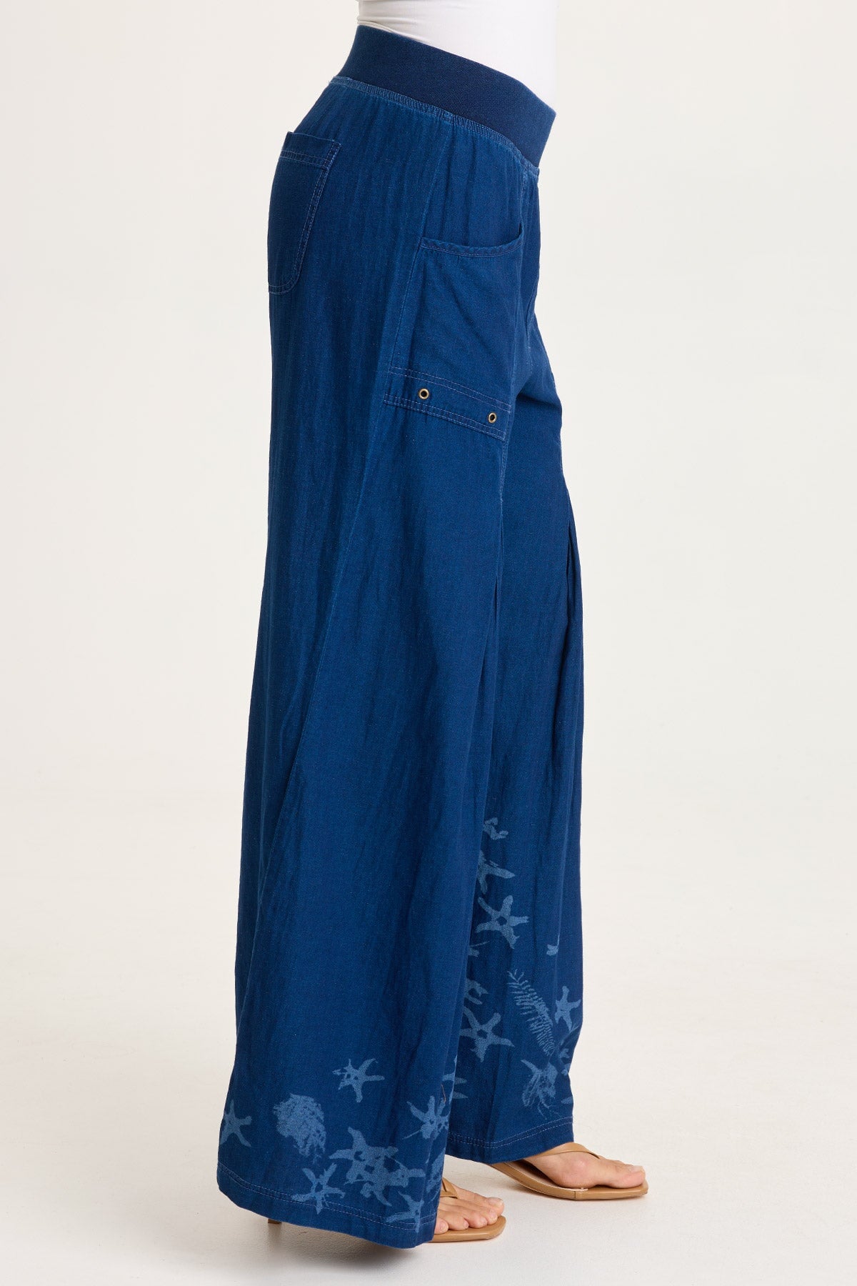XCVI Jerona Printed Indigo Twill Double Pleated Wide-Leg Pant