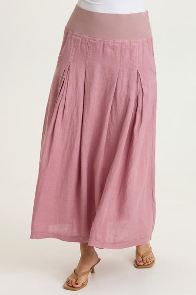 Aderyn 100% Linen Double Pleated Pull-On Waist Long Skirt