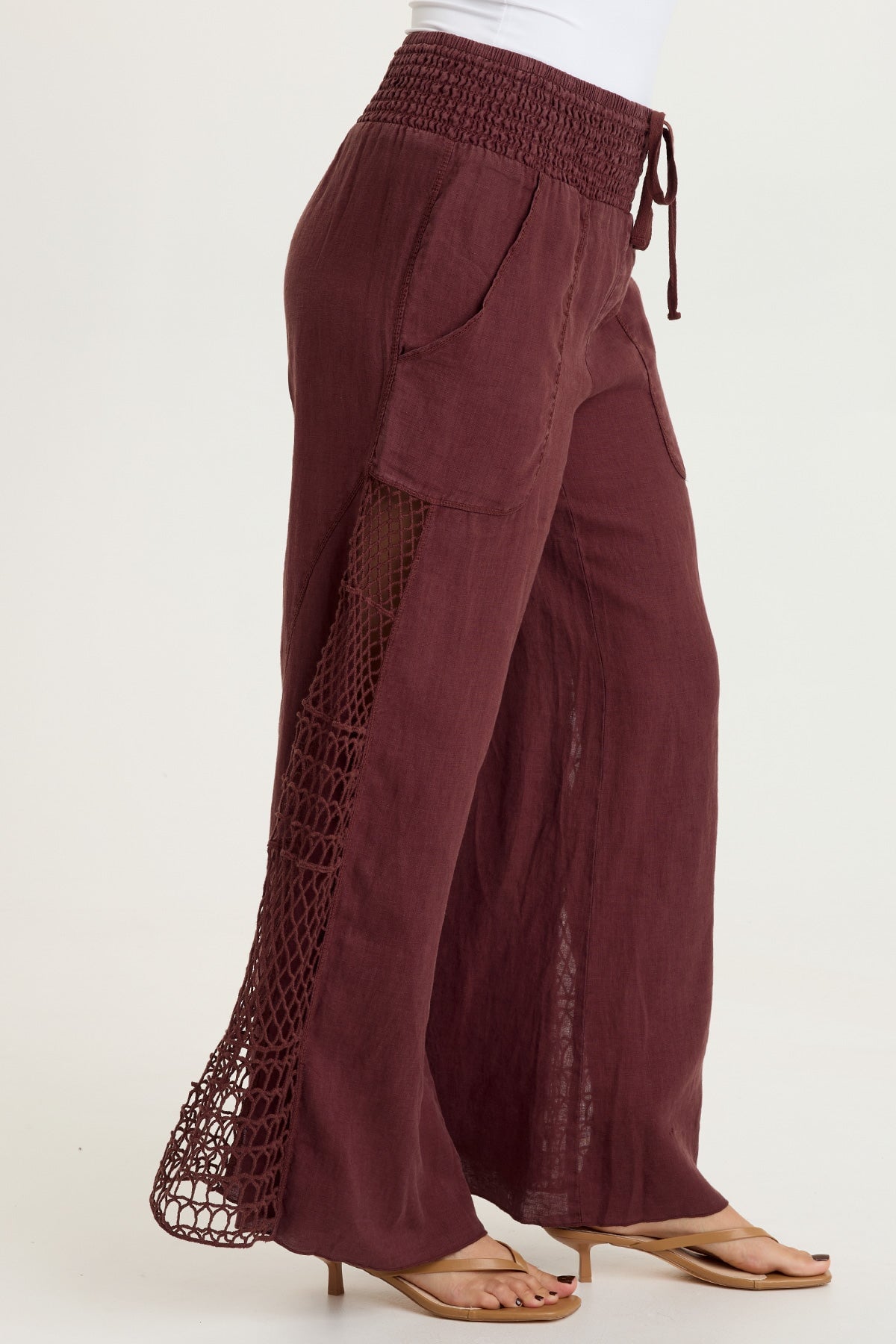 Garcia 100% Linen Smocked Pull-On Waist Crochet Panels Wide-Leg Pant