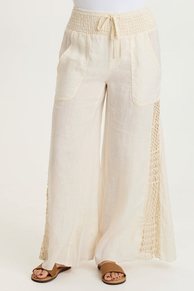 Garcia 100% Linen Smocked Pull-On Waist Crochet Panels Wide-Leg Pant
