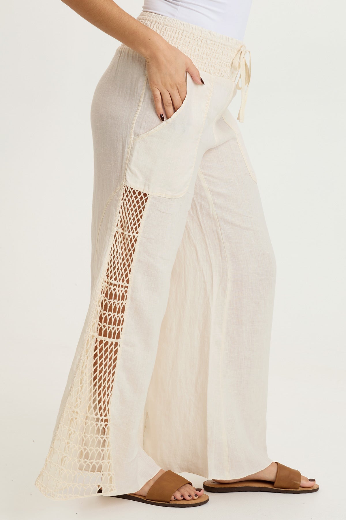 Garcia 100% Linen Smocked Pull-On Waist Crochet Panels Wide-Leg Pant