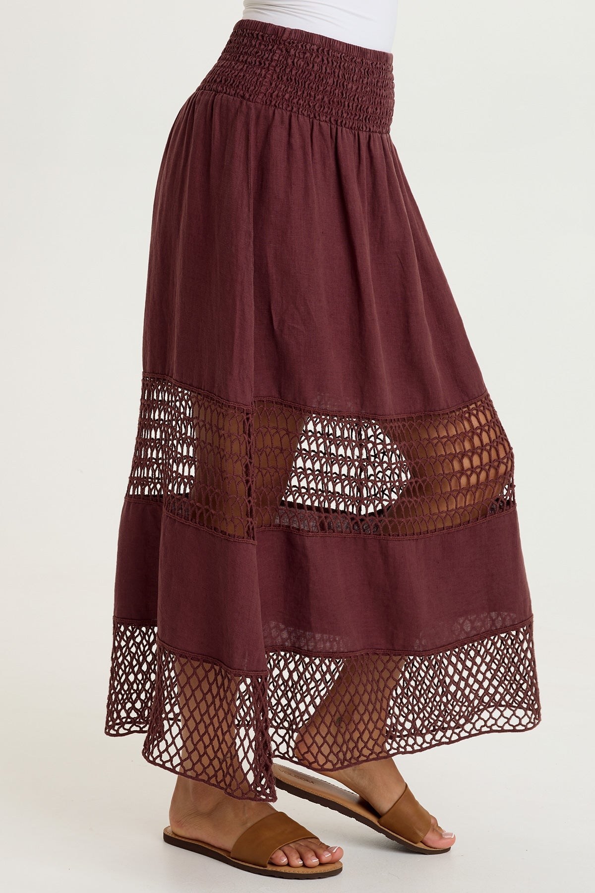 Fola 100% Linen Crochet Tiered Smocked Pull-On Waist Long Skirt