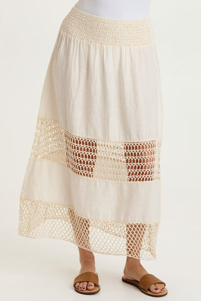 Fola 100% Linen Crochet Tiered Smocked Pull-On Waist Long Skirt