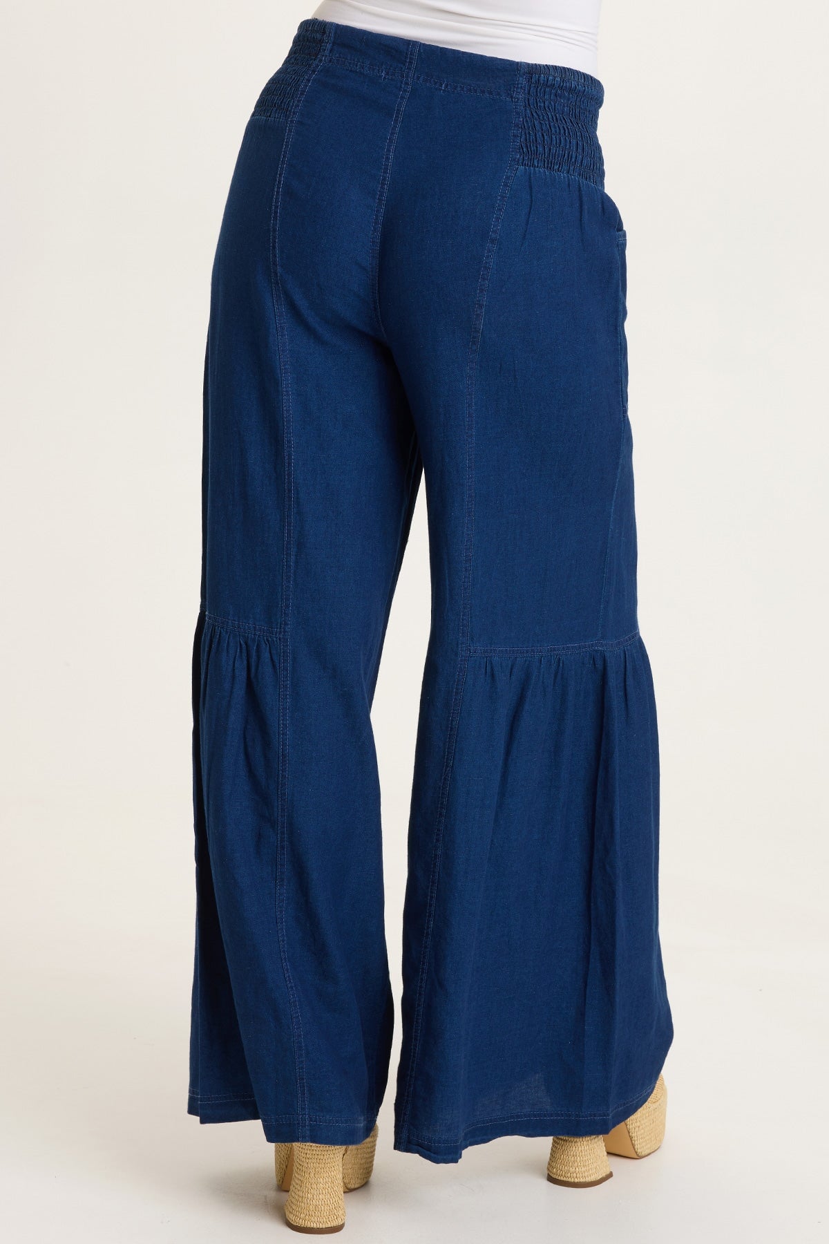 Zain Cotton Linen Indigo Twill Tiered Smocked Elastic Waist Wide