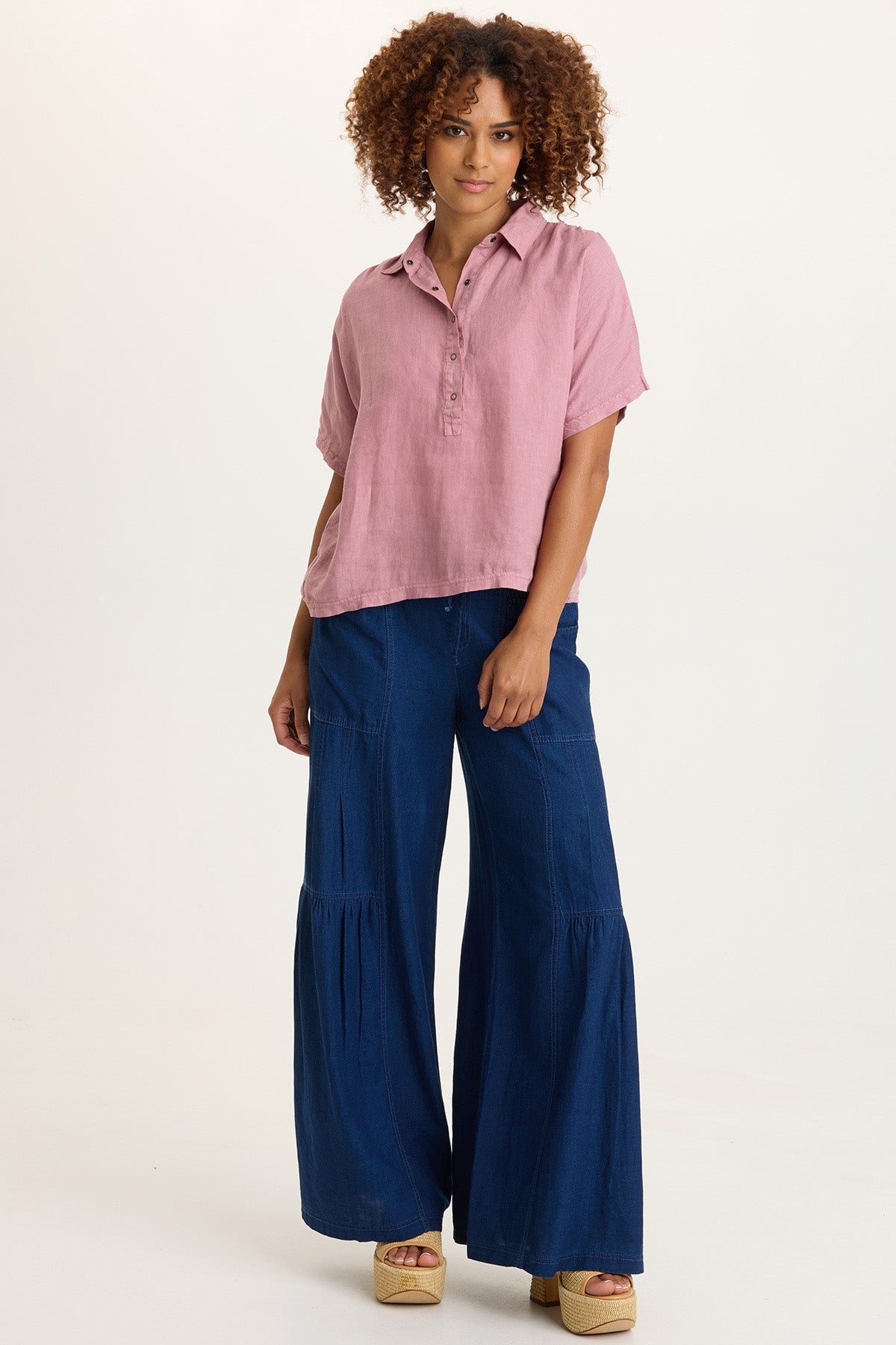 Zain Cotton Linen Indigo Twill Tiered Smocked Elastic Waist Wide