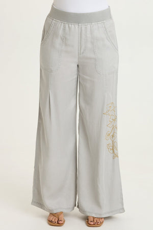 Embroidered Dacia Tencel Twill Pleated Wide Leg Pull-On Waist Pant