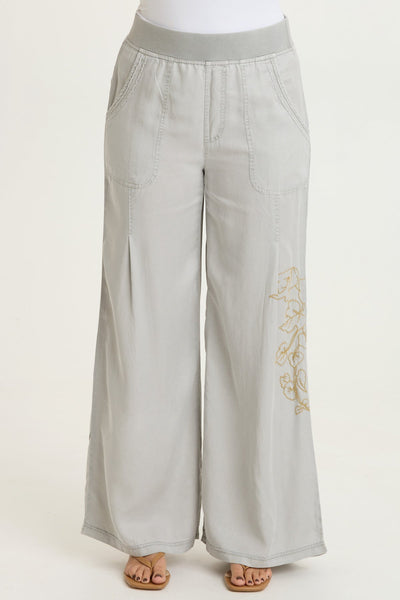 Embroidered Dacia Tencel Twill Pleated Wide Leg Pull-On Waist Pant
