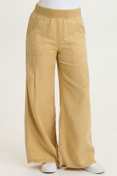 Embroidered Dacia Tencel Twill Pleated Wide Leg Pull-On Waist Pant