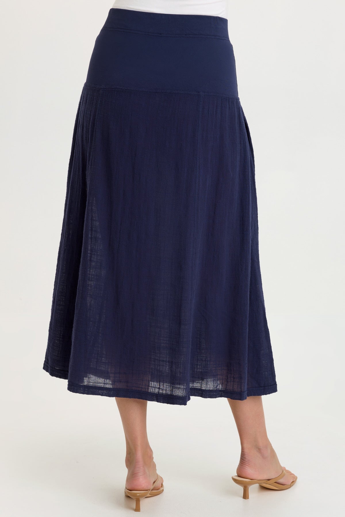 スカート Itajime Shibori Pleated Skirt navy mame Tani 100% Cotton Gauze Dropped Jersey Waistband Side Pleated Skirt