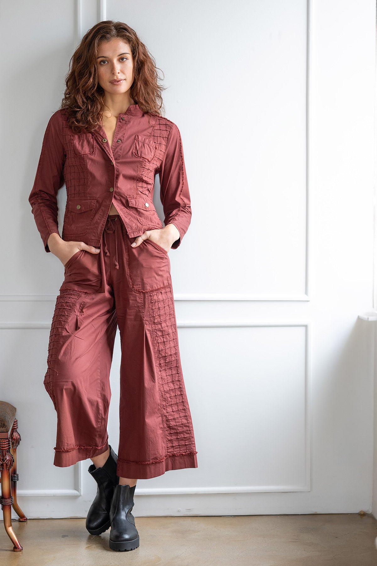 Nicolene Poplin Grid Pintuck Crop