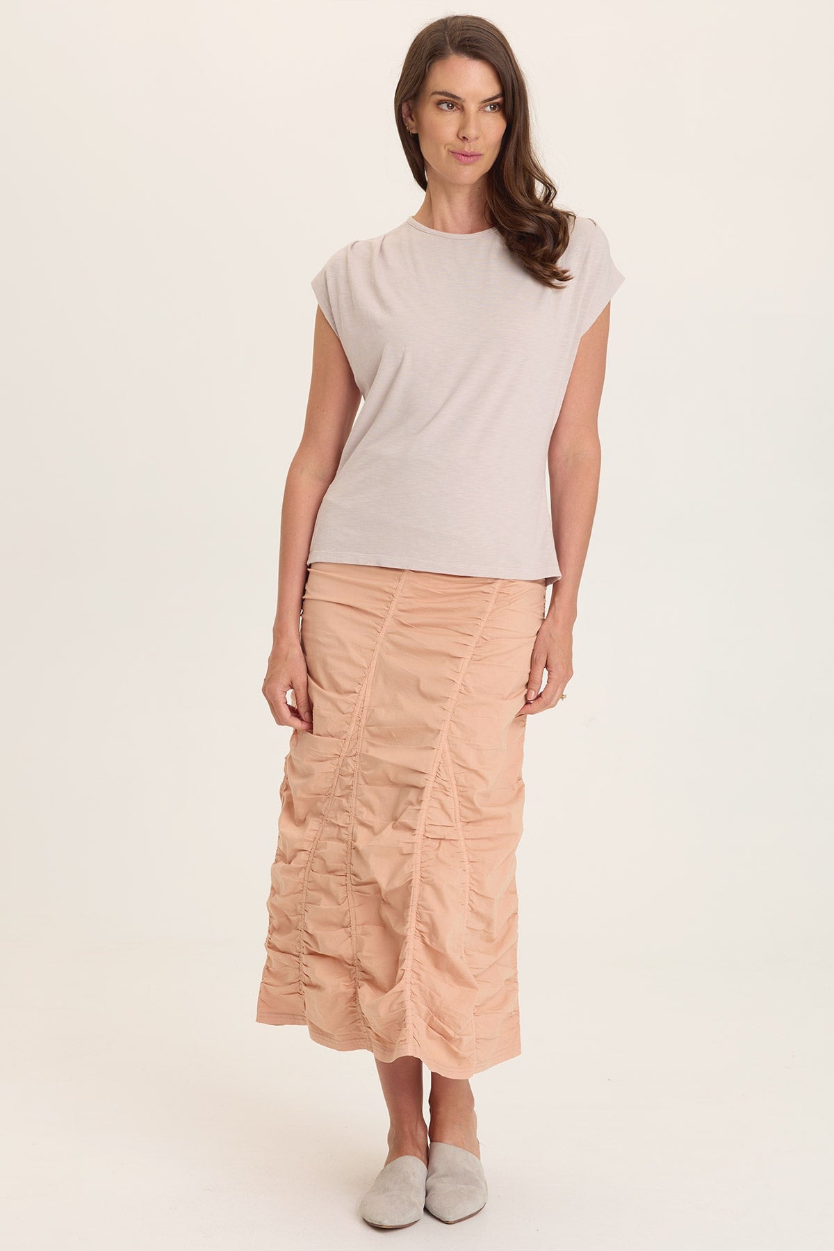 Wearables Poplin Gored Shirred Midi Skirt 